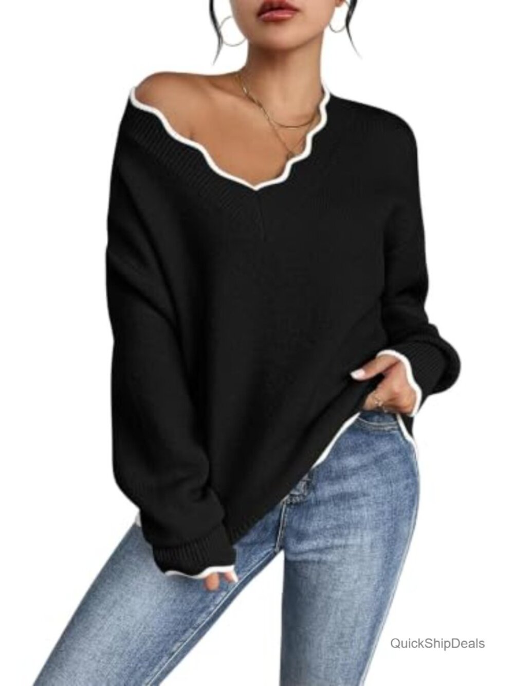 Oversized V Neck Fuzzy Sweater Chunky Knit Long Sleeve Pullover